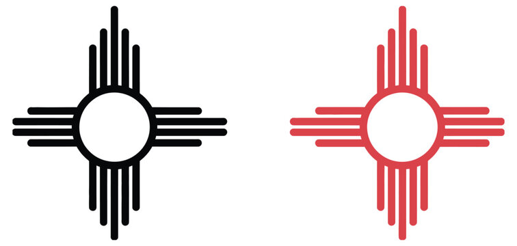 Zia sun symbol in black and red line art representing the traditional New Mexico emblem, cultural heritage, identity, and southwestern design