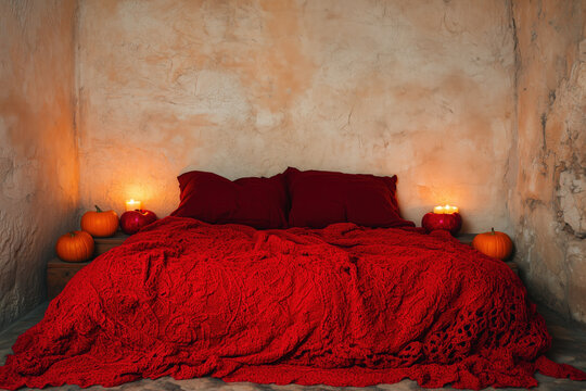 Cozy bed with red linen bedding and warm candle lights on warm backdrop with copy space.