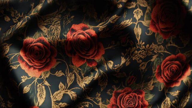 Flowing Dark Fabric with Red Roses and Golden Leaf Pattern