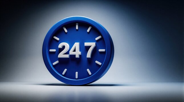 Blue 3D circular clock icon shows 247 numbers. Modern digital symbol represents round clock service, constant availability. Concept for nonstop business support, customer care, daily operations.