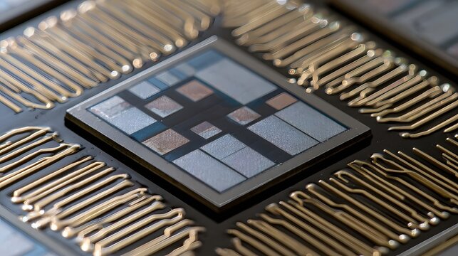 Close up of a multi die chiplet package with metallic traces and reflective surfaces under controlled lighting