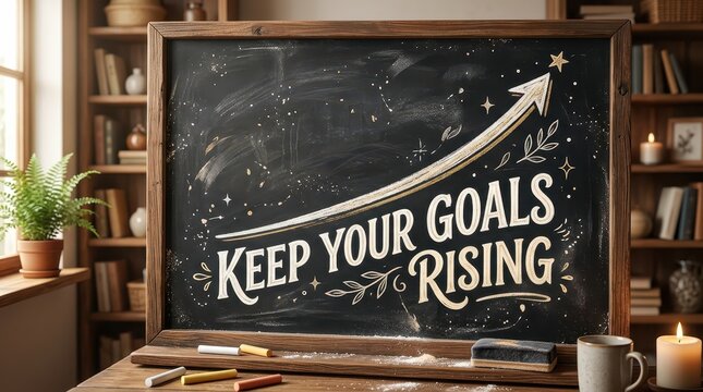 Motivational chalkboard with 'Keep Your Goals Rising' handwritten message and upward arrow graph, representing success and growth