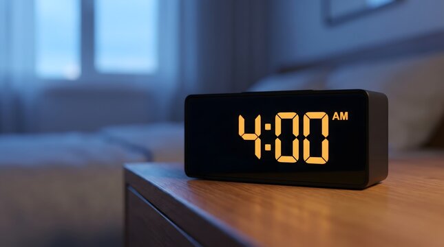 Digital alarm clock showing time 4:00 am placed on a wooden bedside table in a bedroom with bedroom interior night stand morning routine time management wake up early morning