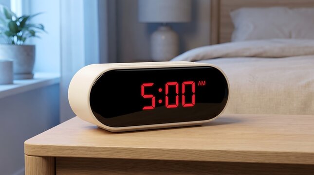 Modern white digital alarm clock displaying five o'clock am on a bedside table in a bedroom with bedroom interior morning time wake up clock digits modern design electronic