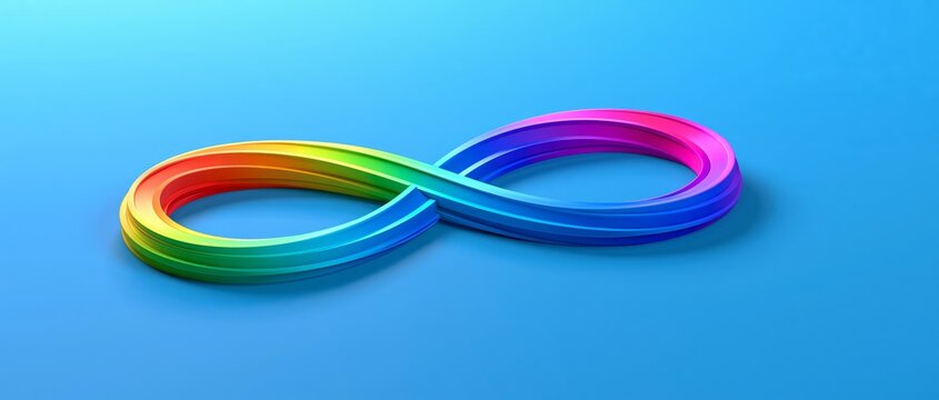 Colorful rainbow infinity symbol rendered as a smooth curved geometric form with vibrant gradient hues set against a solid blue background under soft directional lighting creating subtle shadows for