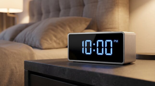 Modern digital alarm clock showing ten o'clock am on a nightstand inside a comfortable modern bedroom with electronic clock bedside table wake up cozy bedroom glowing numbers