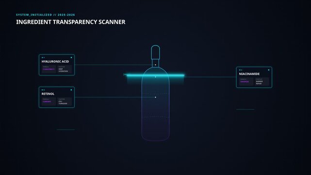Digital interface scanning cosmetic bottle with detailed chemical ingredient breakdown, for scientific skin care analysis, beauty product transparency, advanced laboratory testing innovation