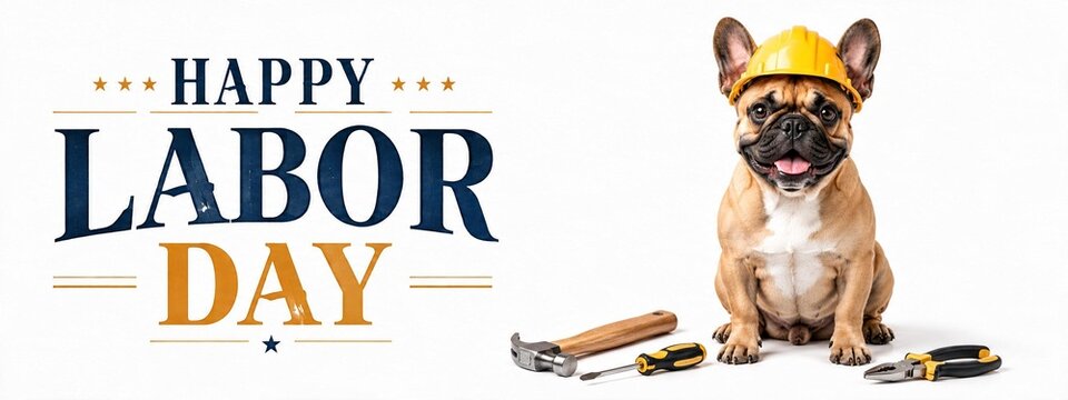  Happy Labor Day greeting web banner header. Cute smiling French bulldog dog wearing a yellow construction hard hat sitting with builder tools, isolated on white background with copy space