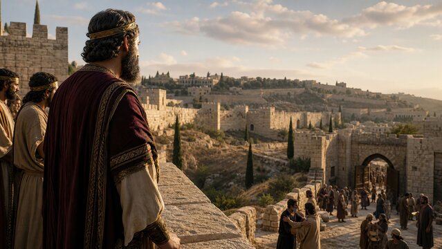 Biblical king in royal robe and golden crown standing on ancient city wall overlooking Jerusalem at sunrise. Man watching citizens at city gate. Faith and history concept.