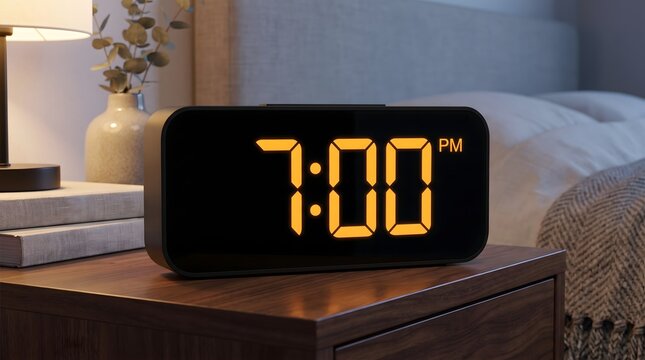 Modern digital alarm clock showing 7:00 pm on a wooden nightstand inside a comfortable bedroom with bedside table led clock wake up seven o clock nightstand digital display