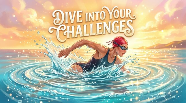 Motivational illustration of a determined swimmer diving into challenging waters with inspirational text 'Dive Into Your Challenges'