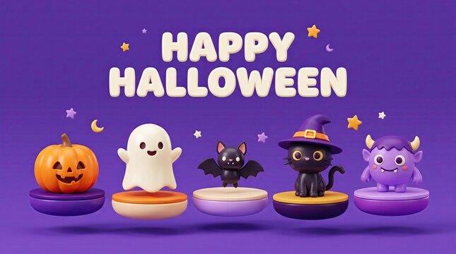 A 3d rendered 'happy halloween' greeting card displays cute halloween characters, with festive text and stars on a purple background.