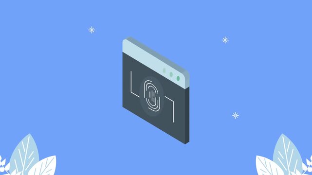 Isometric web browser animation featuring fingerprint biometric authentication and decorative floral elements on blue background.