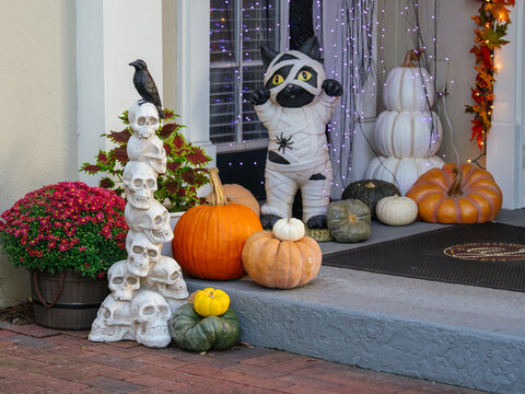 A charming Halloween porch showcases stacked skulls, pumpkins, colorful chrysanthemums, and a playful mummy cat decoration. The festive display celebrates the autumn season with creative outdoor decor