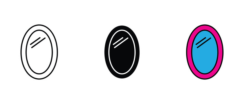 Mirror icon set. Oval glass symbol, vanity reflection sign, home decor or beauty vector illustration.