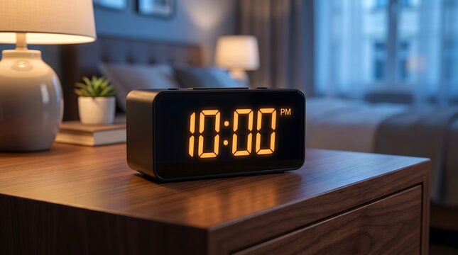 Modern digital alarm clock showing 10:00 pm on a wooden nightstand beside a neatly made bed with bedside table led clock wake up ten o clock nightstand digital display