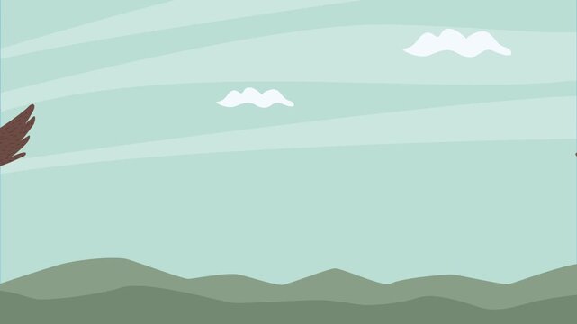 A beautiful bird takes flight over rolling hills with a soft blue sky and gentle clouds in this natural outdoor scene motion footage.
