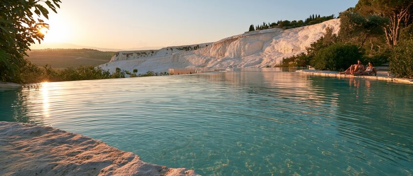 Turquoise mineral pools at Pamukkale reflecting golden sunset light with white travertine cliffs in background, couple relaxing poolside under warm glow, lush green trees framing serene landscape