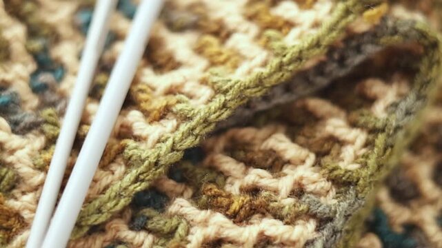 Close-up pan of colorful yarn balls, a crochet hook, and a textured mosaic crochet swatch on a rustic wooden surface. Perfect for crafting backgrounds.