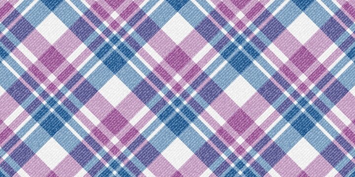Seamless purple, blue, and white tartan plaid textile pattern. Diagonal checkered fabric texture. Geometric vector background for apparel, decor. Classic weave design. High resolution