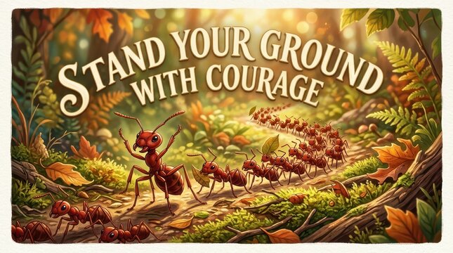 Motivational image of ants marching together with the text 'Stand Your Ground With Courage' emphasizing teamwork and bravery.