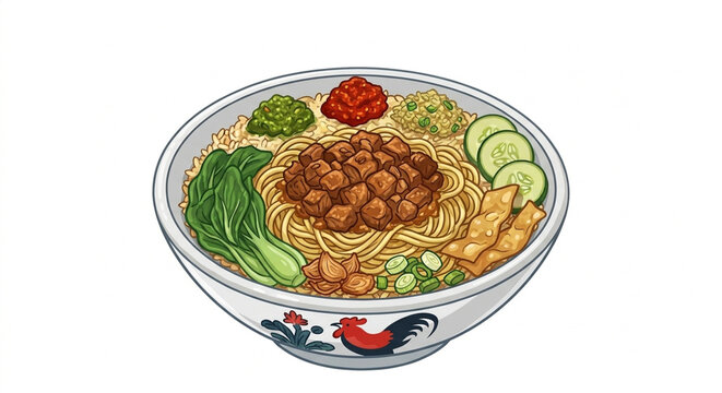 Delicious Indonesian Chicken Noodle Mie Ayam Illustration in a Classic Rooster Bowl with Vegetables and Sambal