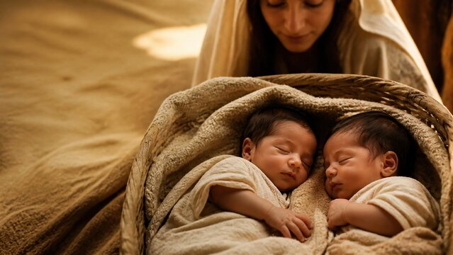Woman watching over twin newborn babies sleeping in woven basket cradle. Biblical scene of Jacob and Esau birth from genealogy of Jesus Christ. Family love and motherhood concept.
