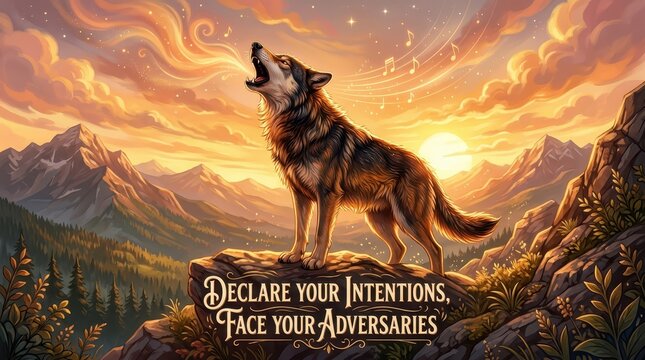 Majestic wolf howling at sunset on a rocky mountain peak, symbolizing courage, strength, and vocalizing intentions in nature
