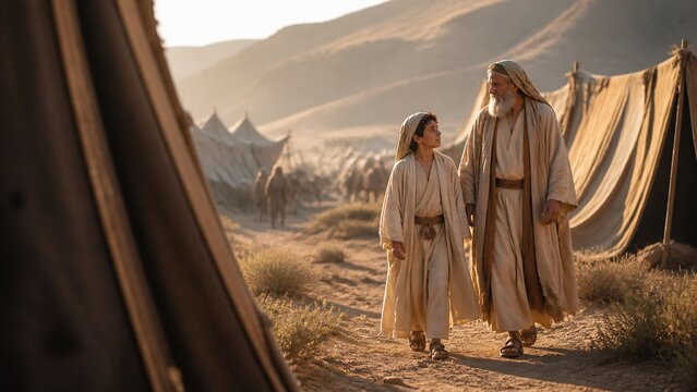 Elderly patriarch walking with young boy through ancient desert camp at dawn. Biblical generations of Abraham and Isaac. Faith, family heritage and promise concept.