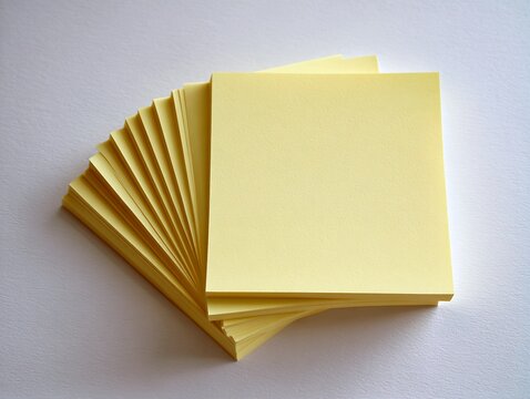 Sticky notes in yellow color stacked neatly on a clean white surface ready for office use.
