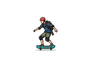 Fototapeta premium Helmeted Skateboarder Riding Board With Pads And Backpack Vector Illustration