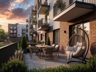 Naklejka premium Modern apartment complex balcony with patio furniture and hanging chair. Residential building exterior with urban garden and playground nearby. Dusk sky.
