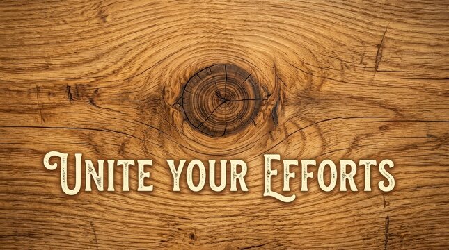 Motivational phrase 'Unite Your Efforts' in vintage lettering on a rustic wood background with natural grain and knot detail.