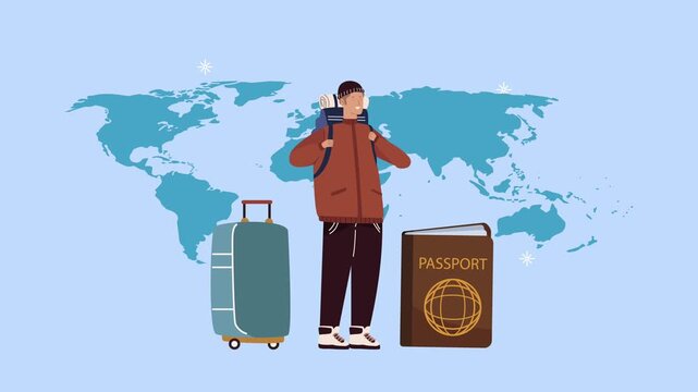 Animated traveler with backpack suitcase and passport standing on world map background motion.