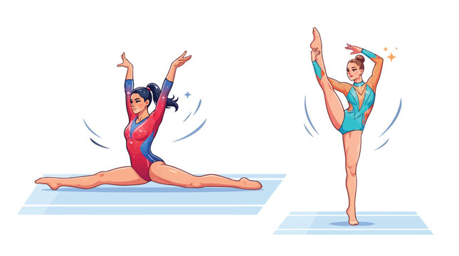 Two professional gymnasts performing rhythmic floor exercise movements