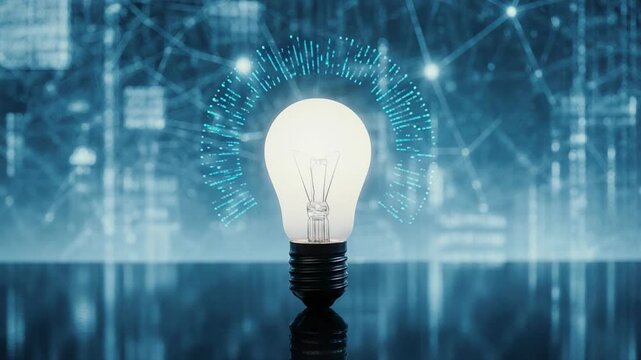 Single light bulb illuminated against digital network background with finger touching concept