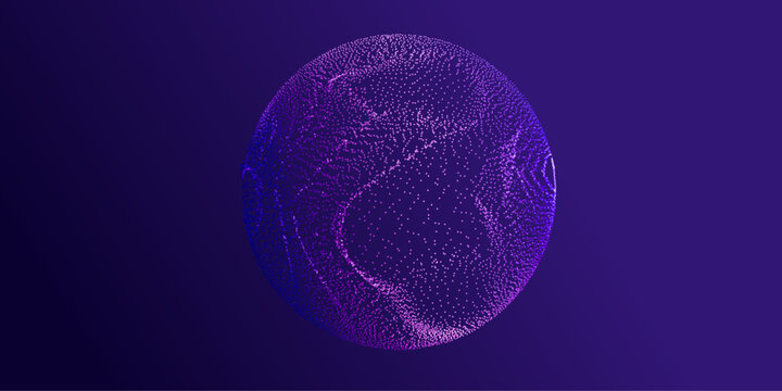 Futuristic particle moon or planet sphere with glowing dots on a dark purple background, creating an abstract AI circle, technology and digital science concept.