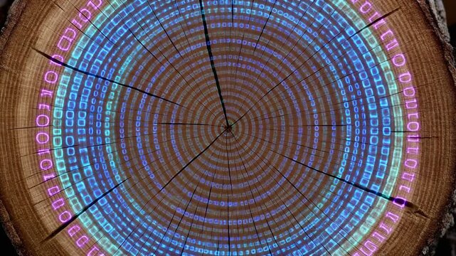 Digital Tree Ring Binary Code on Wood Slice, Data, Technology, Nature, Future