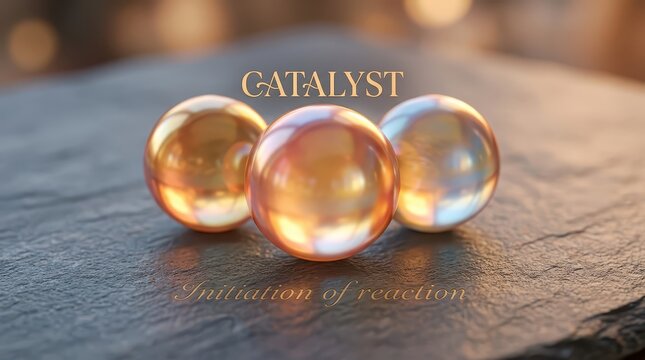 Three lustrous, iridescent pearls with golden and rosy hues are artfully arranged on a textured dark surface, symbolizing a catalyst for change and in