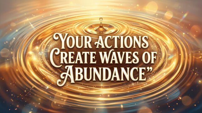Motivational Quote "Your Actions Create Waves of Abundance" with Rippling Water Effect and Golden Light