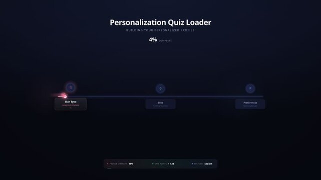 Personalization quiz loader interface with animated progress data analysis nodes, for user profiling, digital experience, custom settings, software configuration, system optimization