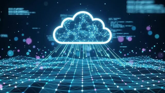 Digital cloud computing icon connecting to glowing data grid network