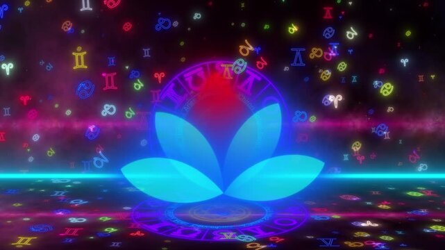 Glowing Blue Lotus Flower Symbol Over Neon Purple Zodiac Wheel Floating In Space With Multicolored Astrological Signs And Cosmic Nebulas In A Futuristic Mystical Scene Perfect For Meditation And Astro