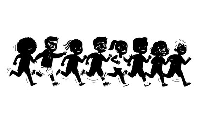 Obraz premium Active Diverse School Children Running Together Silhouette Banner Design for Youth Track Field Marathon Elementary Education and Summer Camp Vectors