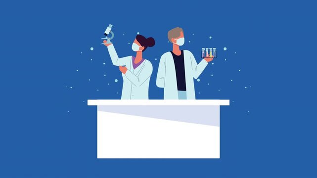 Two scientists wearing face masks work in laboratory holding microscope and test tubes dynamic footage.
