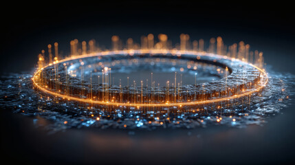Fototapeta premium detailed studio shot highlighting dynamic circular data structure with radiant streams and floating binary code, glowing nodes and analytical elements enhance sense of motion, vibrant blue and 