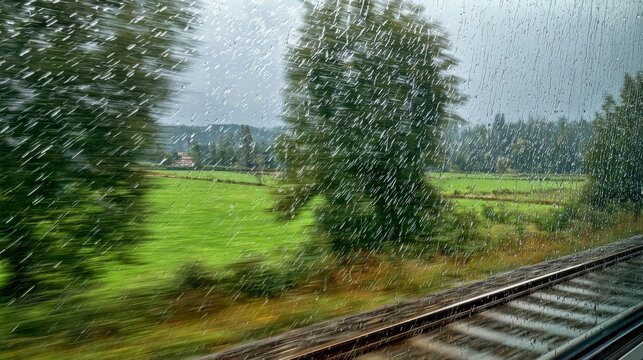 Rain streaks blur landscape seen through a window. Green fields, trees, and railway tracks create a dynamic scene