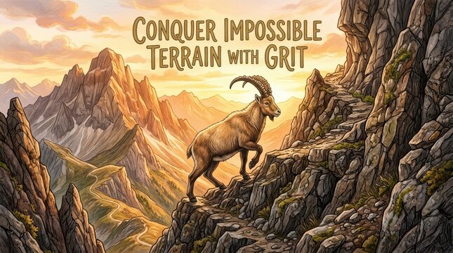 Mountain goat climbs a challenging rocky path against a backdrop of majestic peaks at sunset, embodying grit and determination.