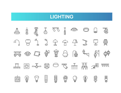 Interior Lighting Icons Set. Lamps, Light Bulbs, Chandeliers and Fixtures Vector Collection