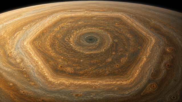 Jupiter polar cyclone forming a vast vortex, epic space background